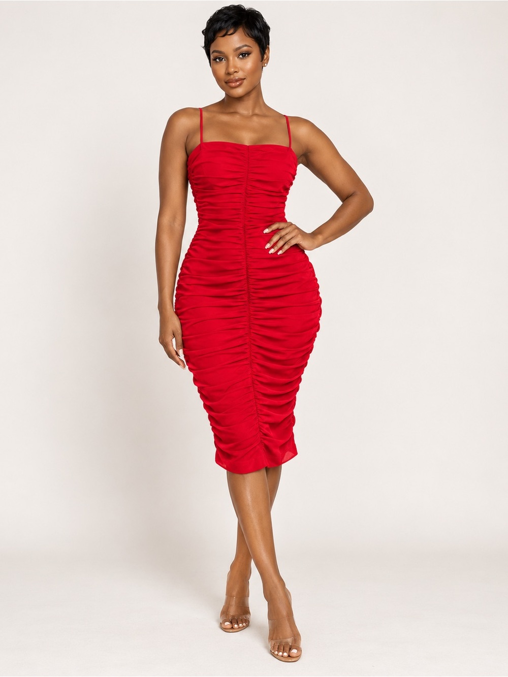 B. Darlin Red Ruched Bodycon Midi Dress Size XS